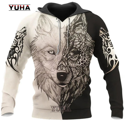 Neuer Wolf-Tattoo-Vegvisir Schwarz-Weiß 3D-Allover-Print Herren-Hoodie & Sweatshirt Unisex Casual Herbst-Trainingsanzug