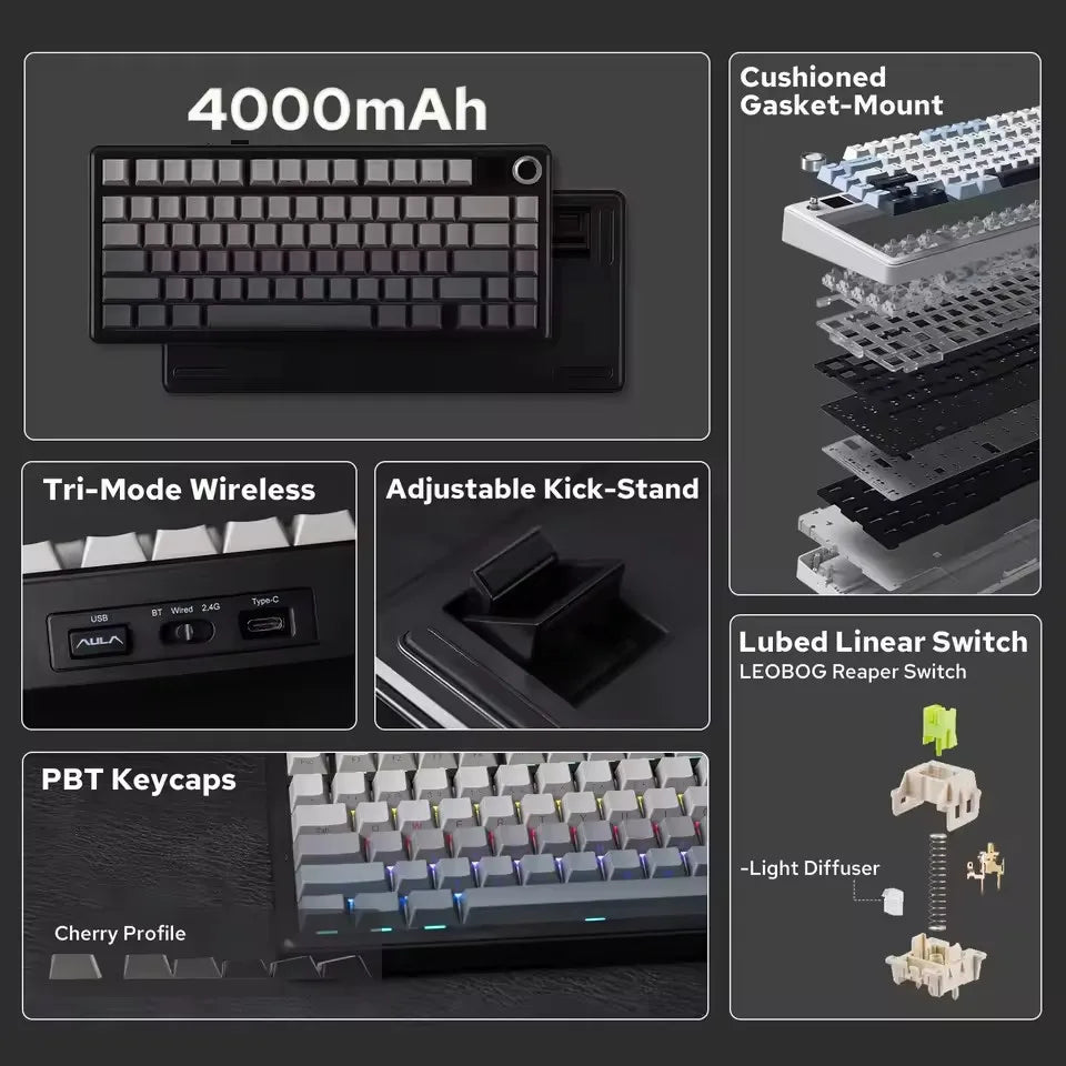 AULA F75 MAX mechanische Gaming-Tastatur 2.4G kabellos/BT/kabelgebundene Tastatur, Hot-Swap, RGB, 75%, 81 Tasten, Büro-Tastatur mit TFT-Bildschirm