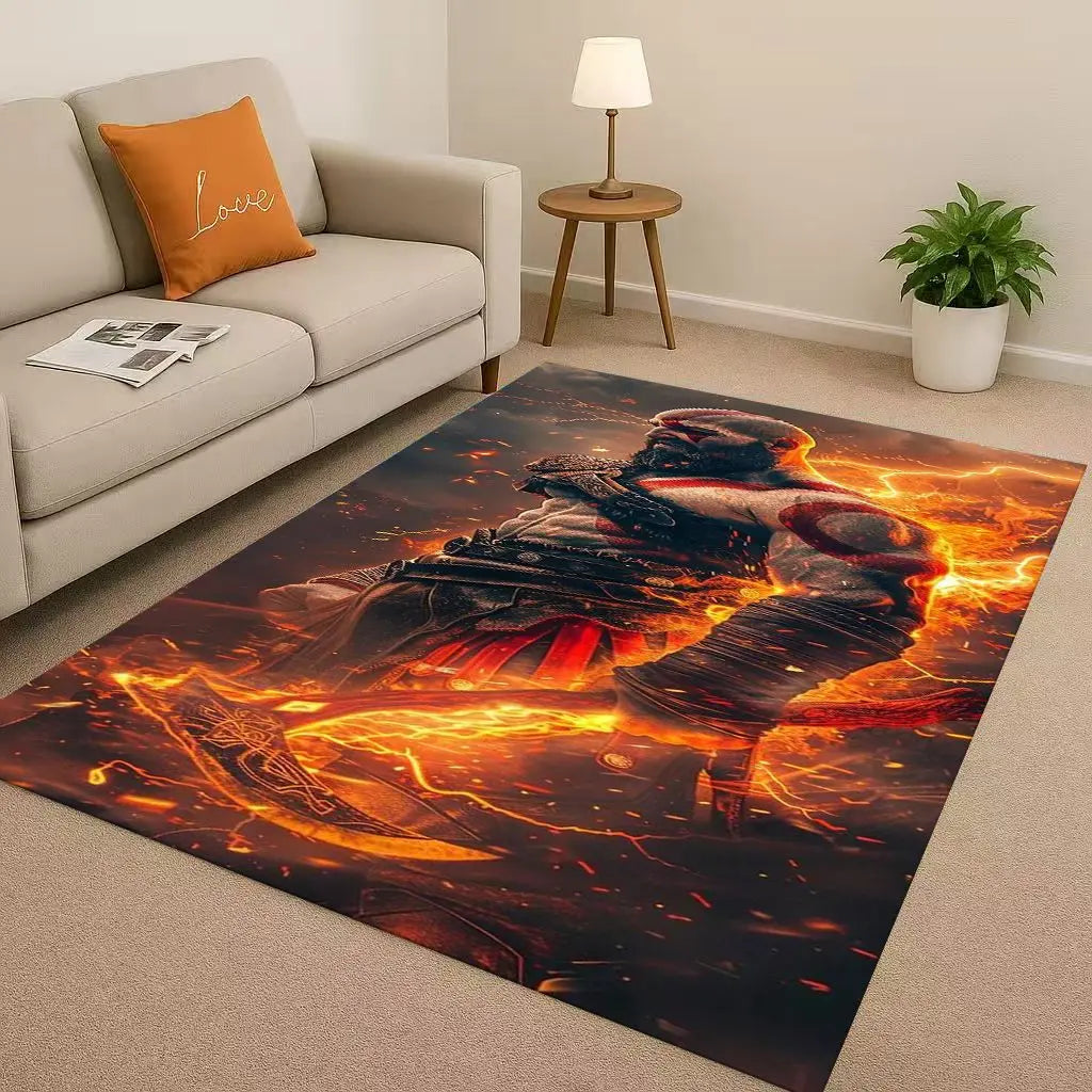 Game God of War Kratos Cartoon Gamer Living Room Non-Slip Area Rug Soft Carpet for Bedroom Playroom Sofa,Easy Clean Home Doormat