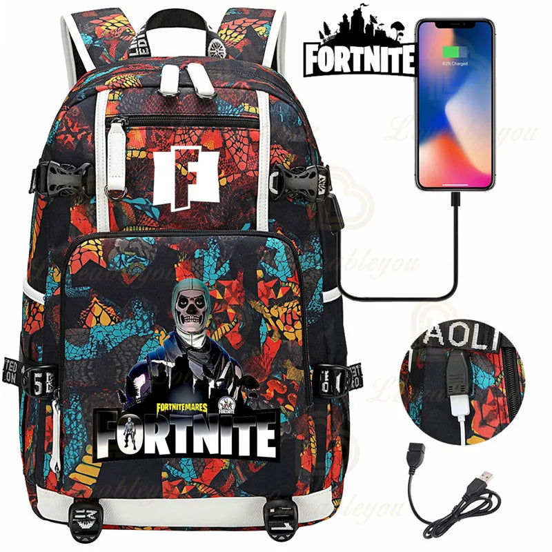 Ultima Knight F-Fortnited Battle Royale Rucksack mit USB-Ladeanschluss, Anime-Figuren und Studienfach für Schreibwaren für Schüler
