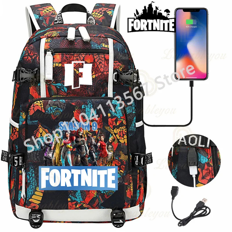 Ultima Knight F-Fortnited Battle Royale Rucksack mit USB-Ladeanschluss, Anime-Figuren und Studienfach für Schreibwaren für Schüler