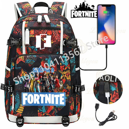 Ultima Knight F-Fortnited Battle Royale Rucksack mit USB-Ladeanschluss, Anime-Figuren und Studienfach für Schreibwaren für Schüler