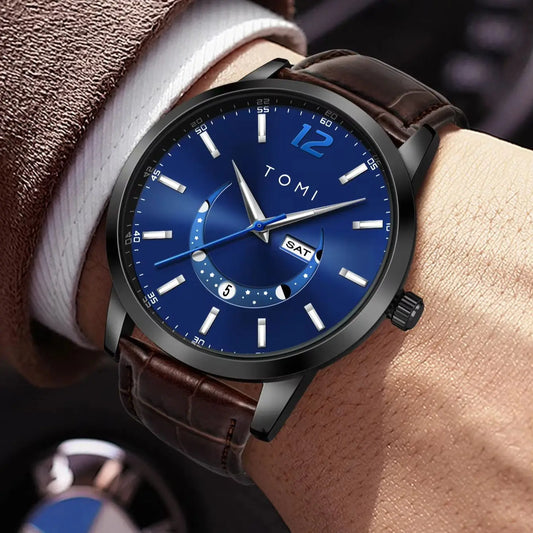 Montre à quartz TOMI, style business et élégant, avec bracelet en cuir, boîtier en alliage et cadran à aiguilles – Design haut de gamme, idée cadeau pour homme
