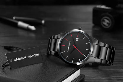 Reloj para hombre Hannah Martin, caja de acero inoxidable, mecanismo de cuarzo, esfera de 41 mm, estilo profesional, con indicador de calendario (imitación)