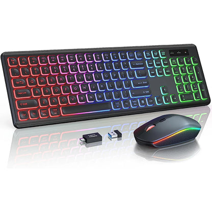 Combo tastiera e mouse wireless con retroilluminazione RGB, lettere illuminate ricaricabili, formato full-size, ergonomico, modalità sleep, 2.4GHz