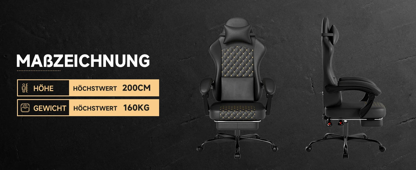Cadeira Gaming Ergonómica PINGGO com Apoio para os Pés, Massagem, Pele PVC, Cadeira de Escritório para PC Gaming, Capacidade de Peso 150kg