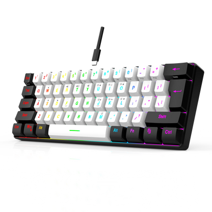 Wasserdichte mechanische 61-Tasten-Tastatur mit Kabel in Weiß, mit schwarzen und blauen Switches, RGB-beleuchtet – Gaming- und Office-Set, PUBG Gamer Backlit