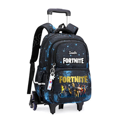 Mochila com Rodas Fortnite Anime, Impermeável, de Grande Capacidade, para Estudante — Saco Escolar Casual de Viagem com Carrinho e Subida Fácil de Escadas