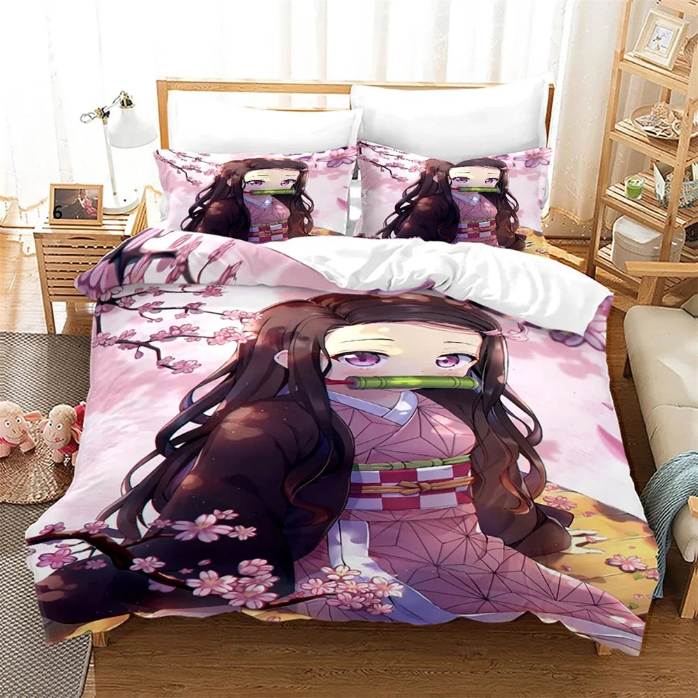 Nezuko Kamado patalynės komplektas, anime „Demon Slayer“ antklodės užvalkalas, patalynė, Single Twin Full Queen dydžiai, 3D dovana vaikams, mergaitėms ir berniukams