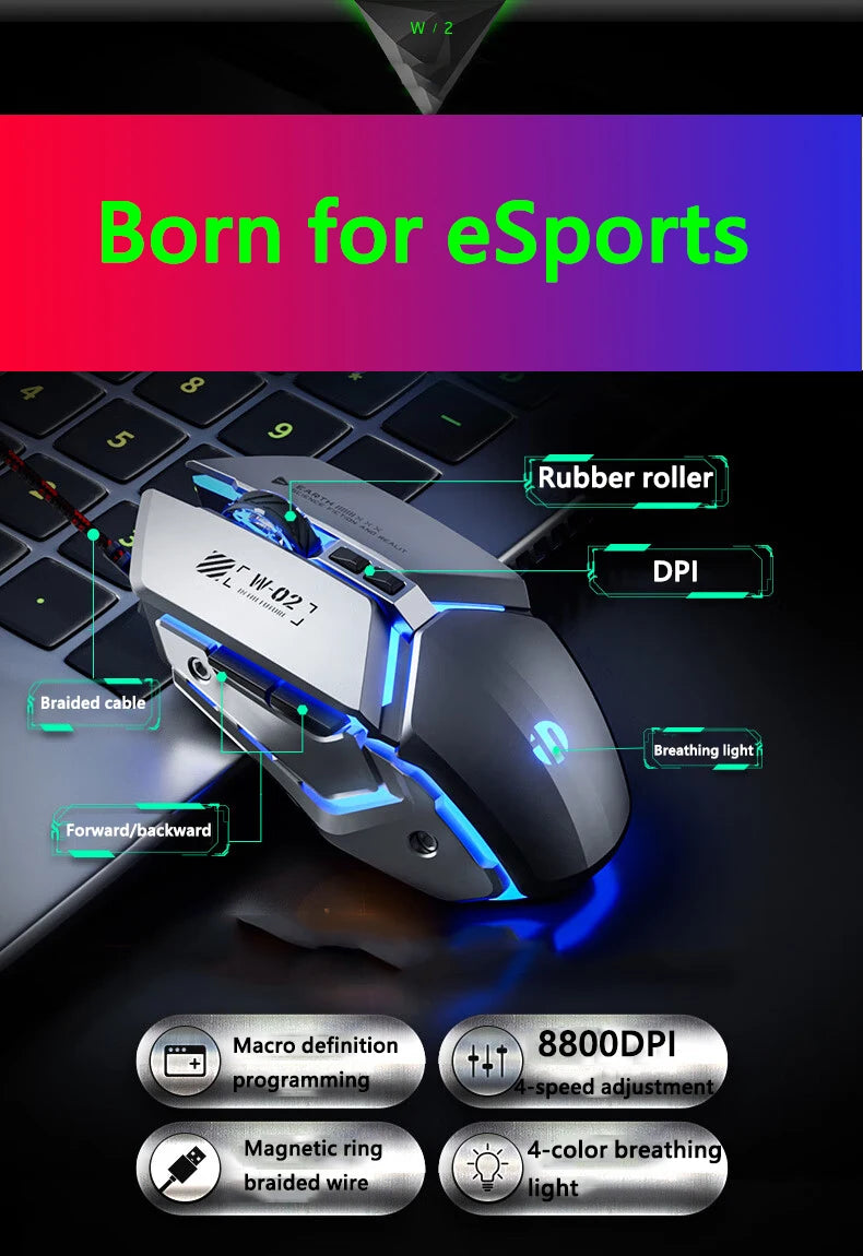 Inphic W2 2. Generation USB-kabelgebundene Gaming-Maus mit Silent Click, Metall-Style, 6-Tasten-Makroprogrammierung, 8800DPI