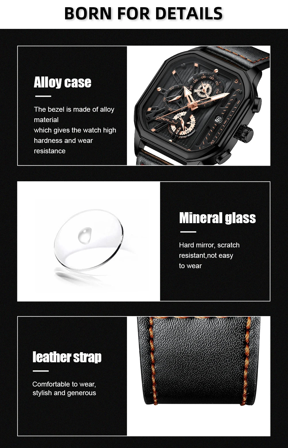 CRRJU Fashion Square Dial Leather Mens Watches Luxury Sport Waterproof Watch Man Chronograph Quartz WristWatches Homme+Box