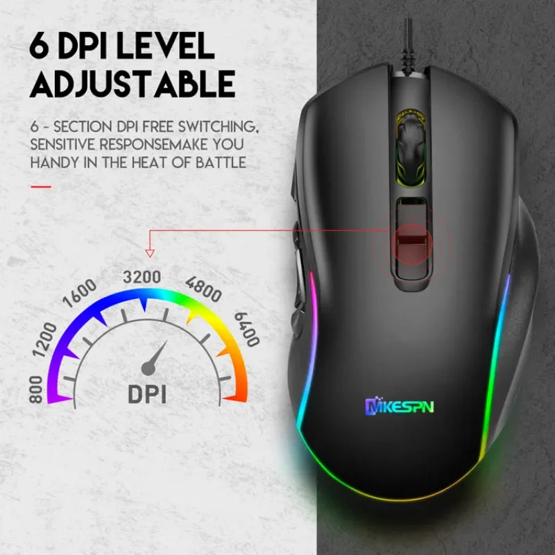 Kabelgebundene Gaming-Office-Maus 7200DPI mit RGB-Hintergrundbeleuchtung, 6 einstellbaren DPI-Stufen/10 programmierbaren Tasten/Zurück-zum-Desktop-Taste