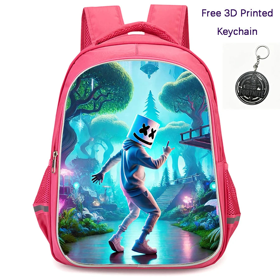 FORTNITE 16-inch Durable Lightweight Backpack, Dual Zipper Pockets, Cartoon Style for Boys & Girls Ages 6-10, Free 3D Printed Keychain
