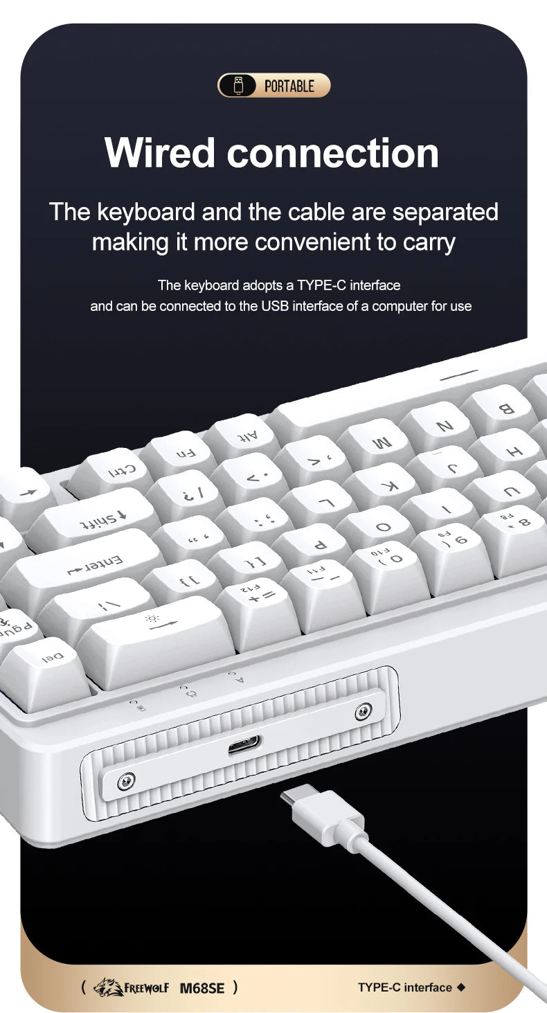 FREEWOLF M68SE Teclado Mini com Fio de 68 Teclas, Retroiluminação RGB, Type-C, Layout 68%, Compacto para Gaming, Escritório, PC e Portátil