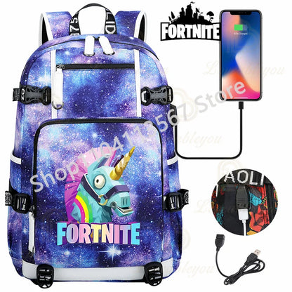 Ultima Knight F-Fortnited Battle Royale Rucksack mit USB-Ladeanschluss, Anime-Figuren und Studienfach für Schreibwaren für Schüler