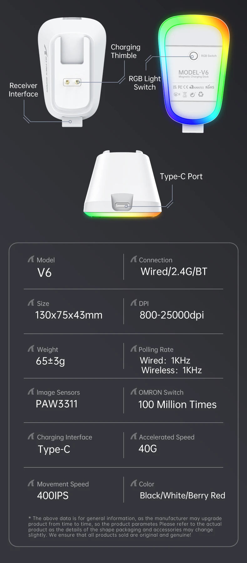 ATTACK SHARK V6 Wireless Gaming Superlight Mouse with RGB Magnetic Charging Dock, PAW3311 Sensor, Macro Gaming Mouse
