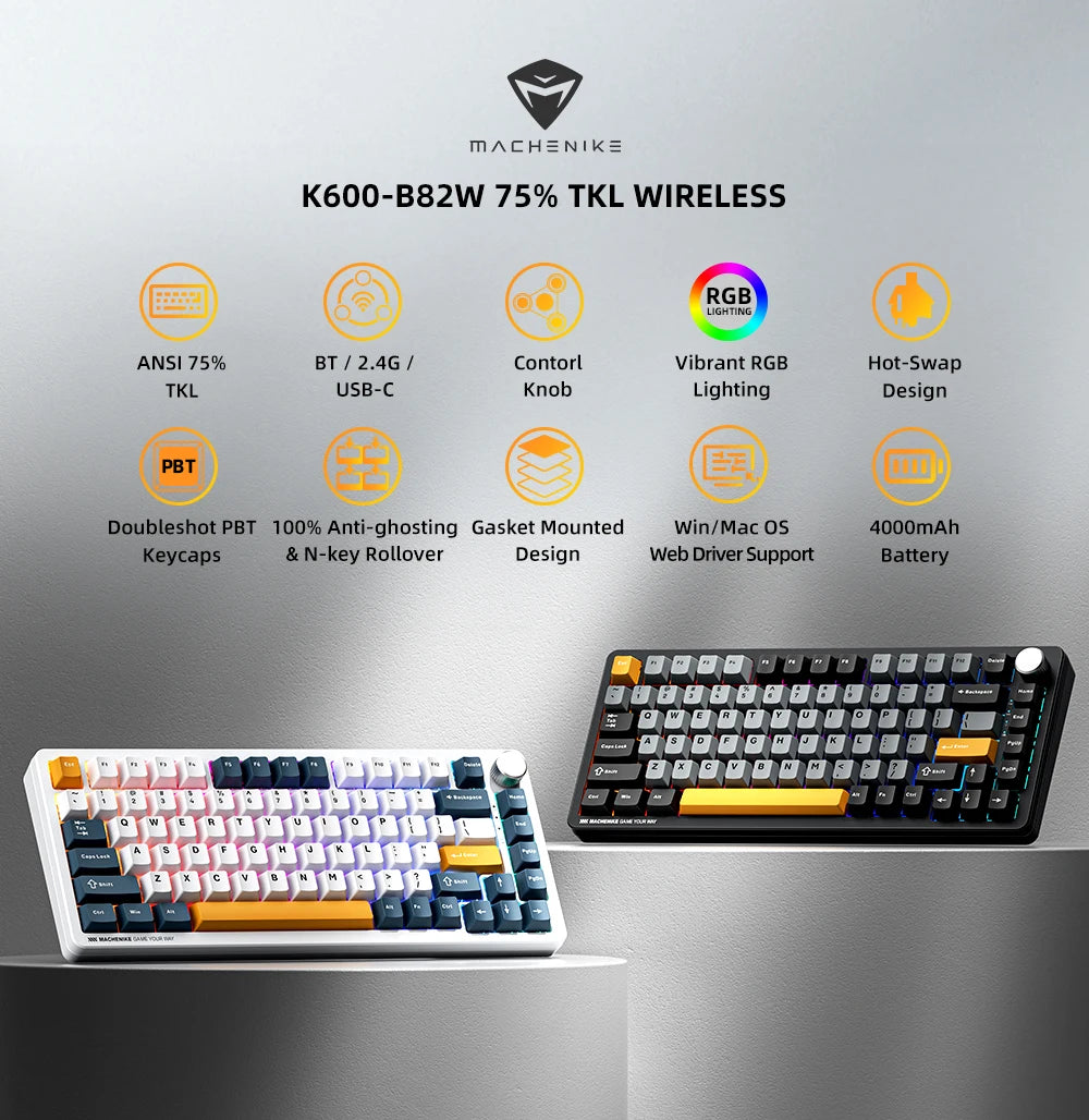 Machenike K600-B82W mechanische Gaming-Tastatur, Tri-Mode, Gasket-Mount, 75% ANSI-Layout, RGB-Hintergrundbeleuchtung, kabellos