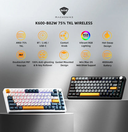 Machenike K600-B82W mechanische Gaming-Tastatur, Tri-Mode, Gasket-Mount, 75% ANSI-Layout, RGB-Hintergrundbeleuchtung, kabellos