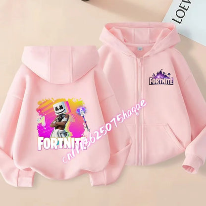 Casaco Outdoor Infantil Cartoon FORTNITED para Rapariga e Rapaz, Sweatshirt com Fecho, Corta-Vento Fino de Alta Qualidade para Outono, Peça Superior de Vestuário