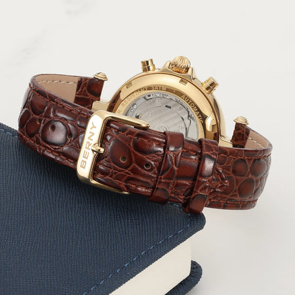 Montre automatique pour homme BERNY, style rétro, avec affichage Soleil et Lune, aiguilles luminescentes et mouvement ST1652 ; une montre mécanique classique et élégante, dotée d'un bracelet en cuir véritable.