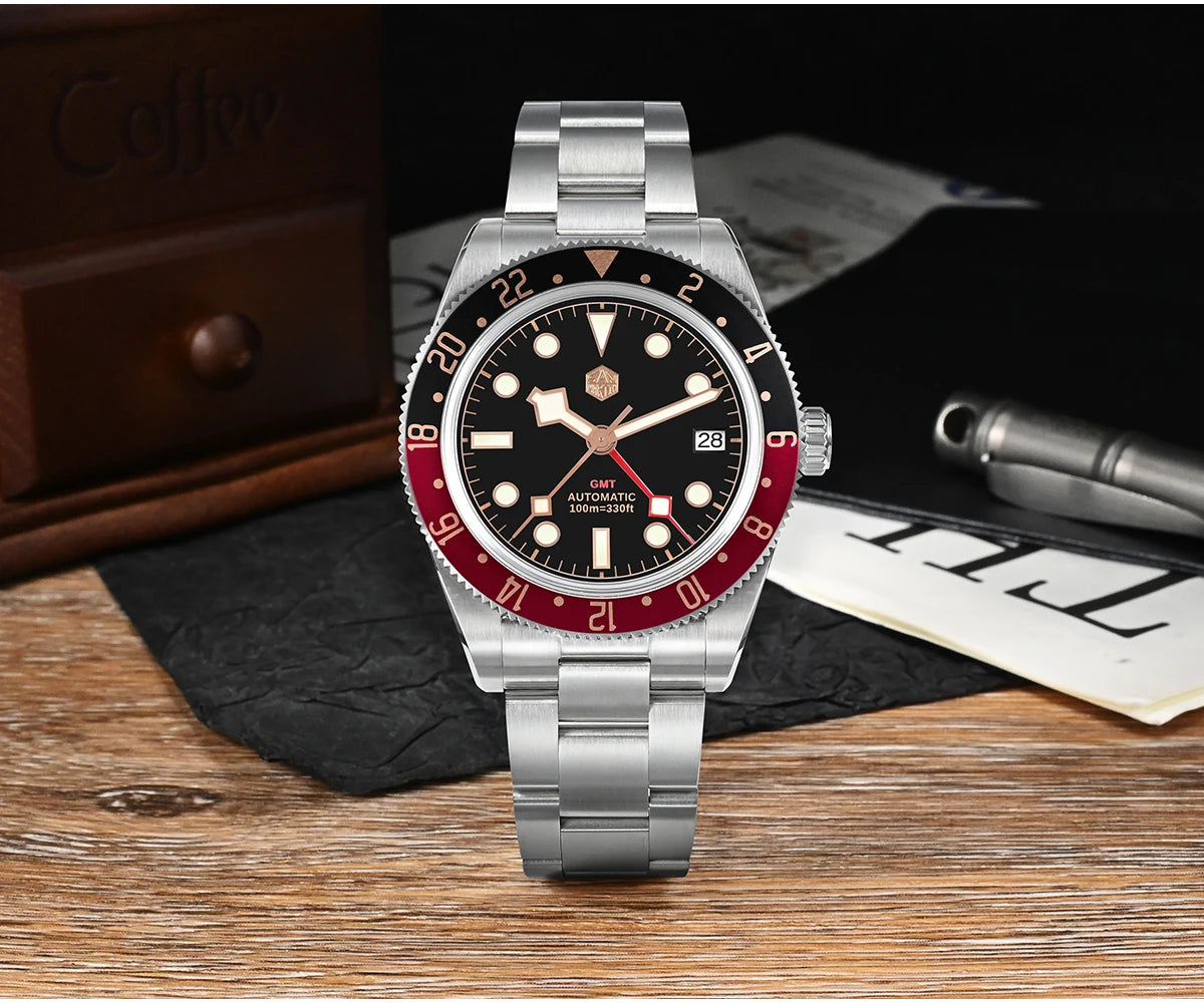 San Martin 39mm NH34 GMT Men's Luxury Watch Bidirectional Aluminum Bezel Automatic Mechanical Sapphire 100M Waterproof SN0109