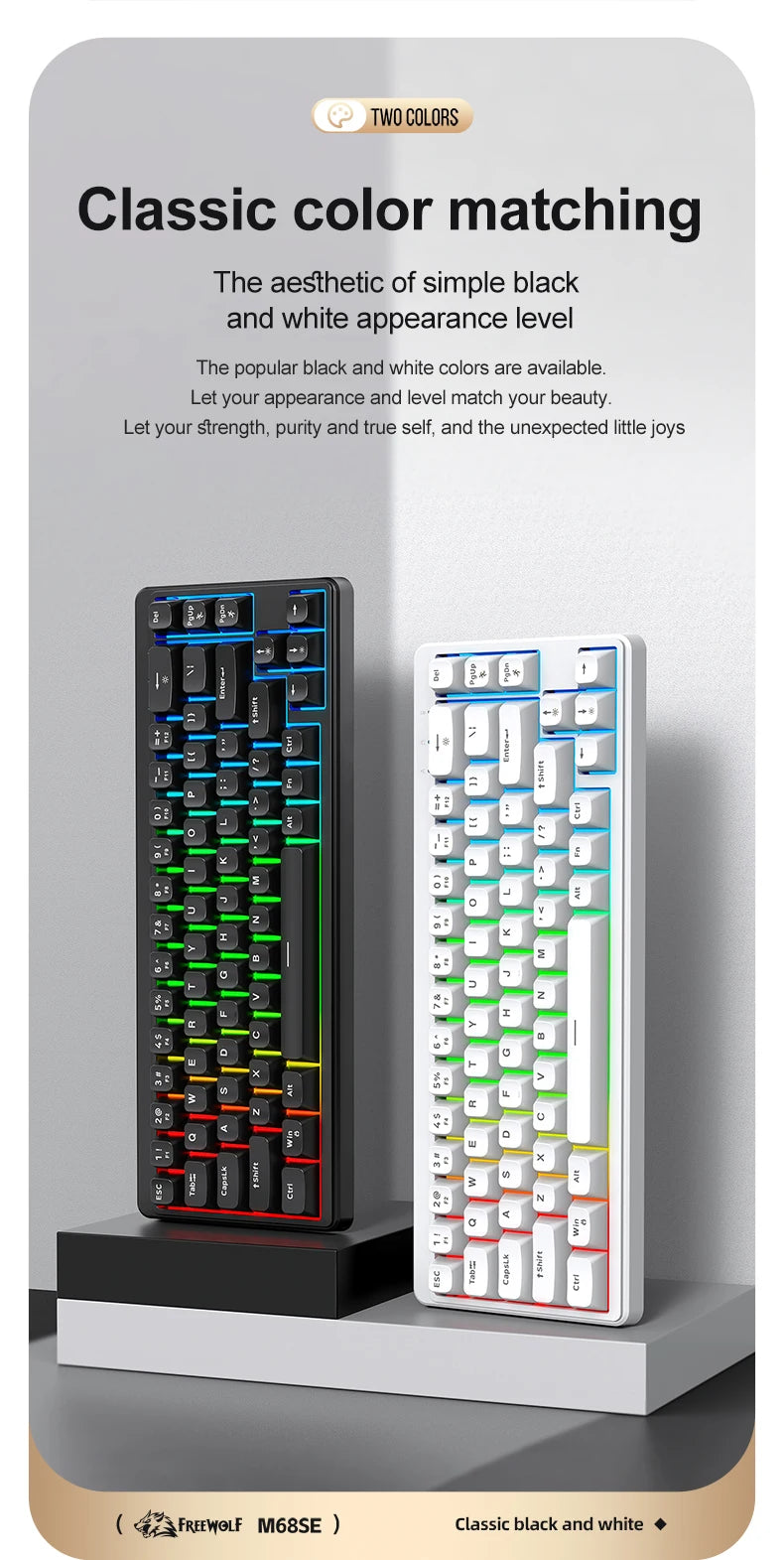 FREEWOLF M68SE Teclado Mini com Fio de 68 Teclas, Retroiluminação RGB, Type-C, Layout 68%, Compacto para Gaming, Escritório, PC e Portátil