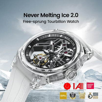 Orologio AGELOCER Limited Edition “Ice Never Melts” con tourbillon in cristallo a spirale libera, orologio meccanico manuale di lusso