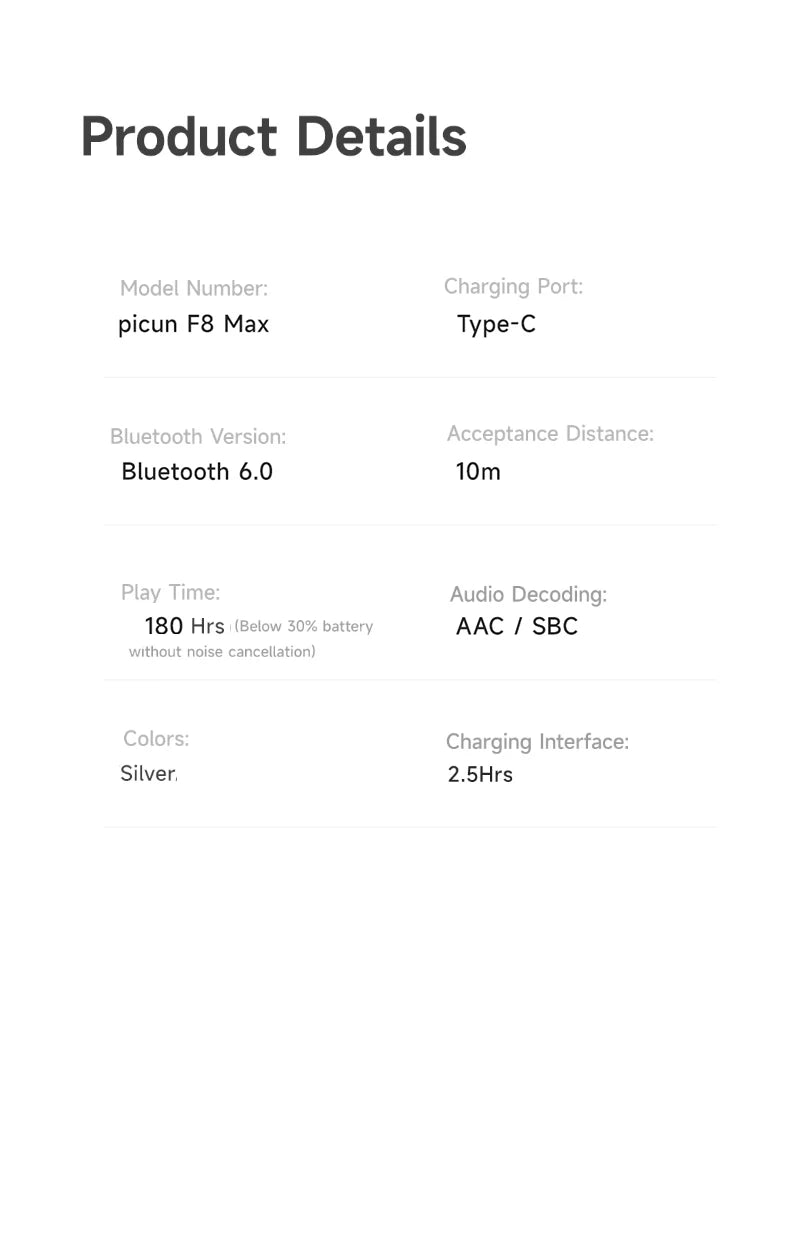 Auscultadores Sem Fios Picun F8MAX ANC com Cancelamento Ativo de Ruído Híbrido de 59dB, Áudio Espacial, Bluetooth 6.0, Over Ear, 180H