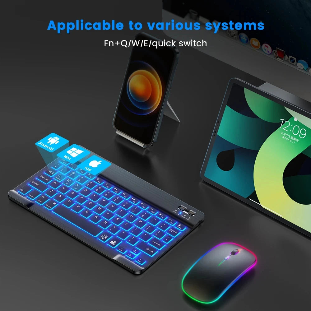 Mini-Bluetooth-Tastatur RGB kabellose Tastatur 10 Zoll beleuchtete Tastatur mit Hintergrundbeleuchtung Touchpad-Tastatur für iOS Android Windows iPad