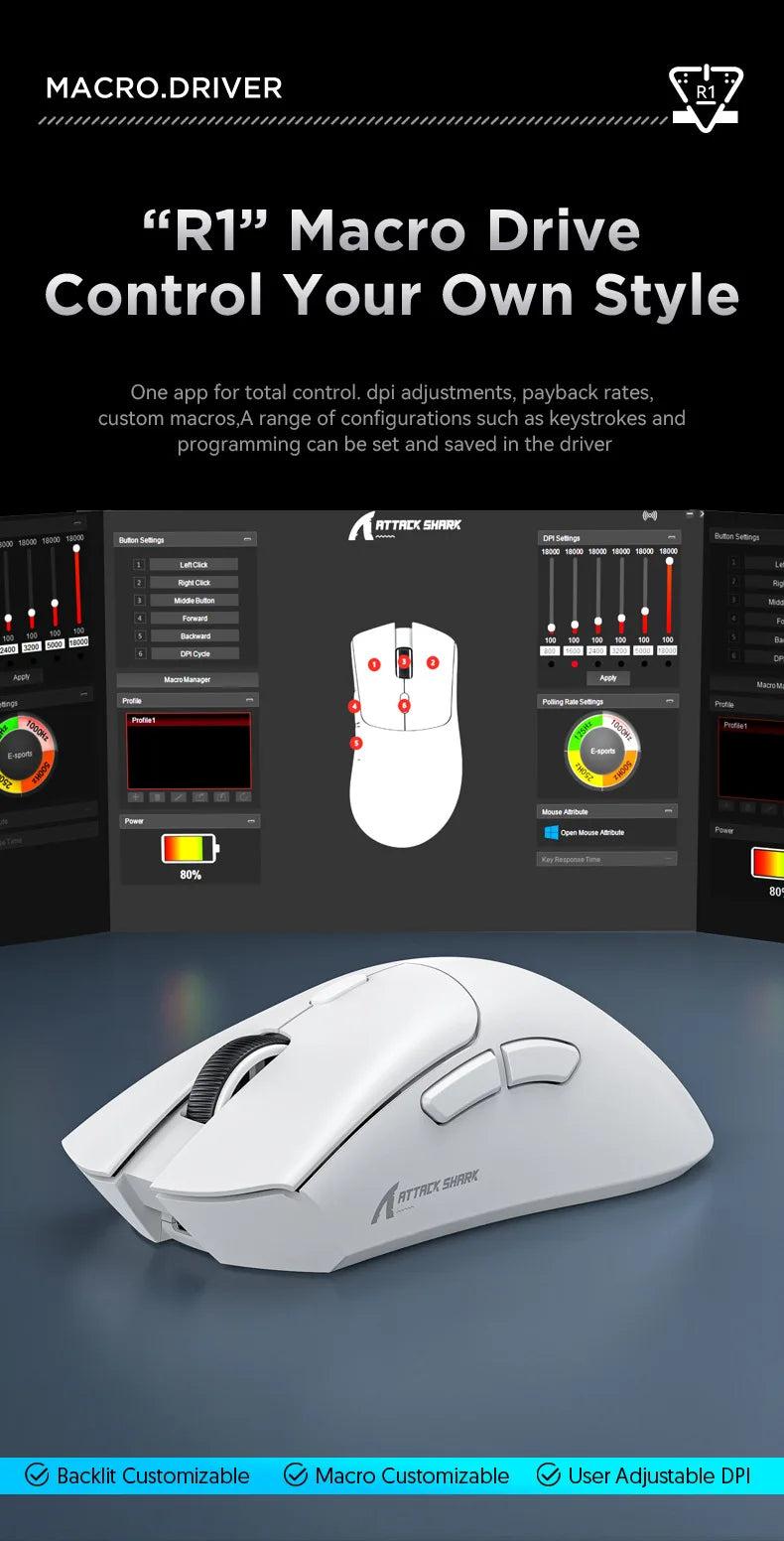 Rato Gaming Sem Fios Attack Shark R1 Leve Bluetooth 2.4G PAW3311 18000DPI Ergonómico com Macro
