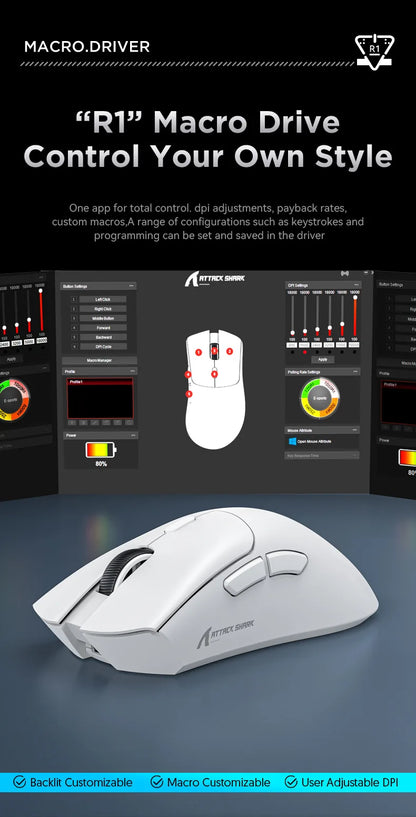 Rato Gaming Sem Fios Attack Shark R1 Leve Bluetooth 2.4G PAW3311 18000DPI Ergonómico com Macro