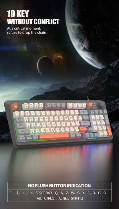 Teclado Gaming K81 com 81 Teclas, Layout 80%, Espanhol, Russo, Coreano e Árabe, USB com Fio, Luz RGB, Botão de Volume, Ergonómico