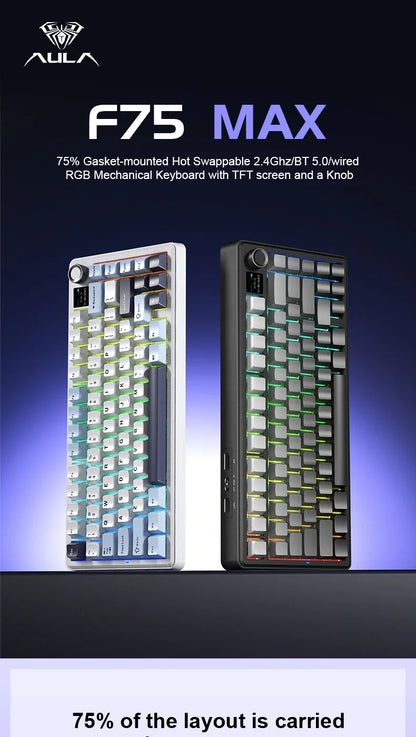 AULA F75 MAX mechanische Gaming-Tastatur 2.4G kabellos/BT/kabelgebundene Tastatur, Hot-Swap, RGB, 75%, 81 Tasten, Büro-Tastatur mit TFT-Bildschirm