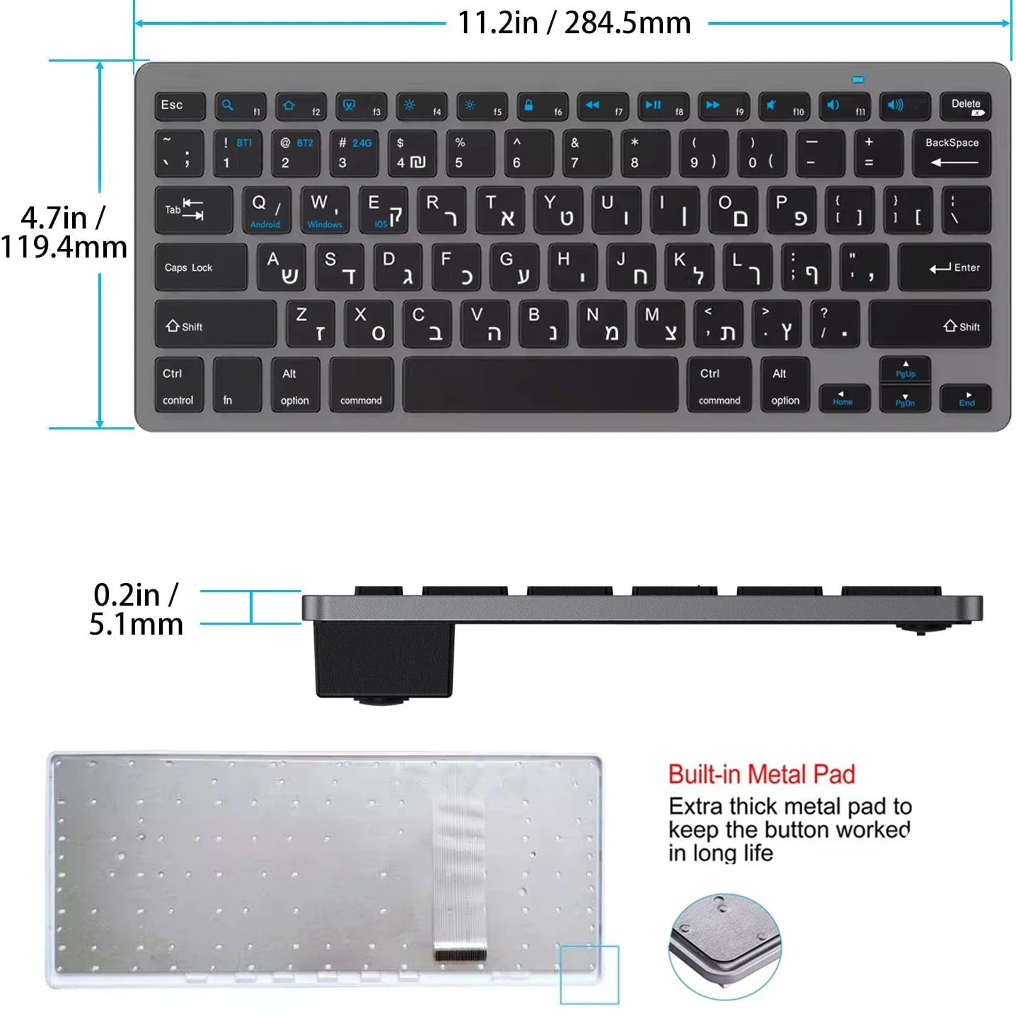 Tastiera wireless con layout ebraico-inglese Bluetooth e 2.4G Dual Mode, sottile, compatta ed ergonomica per Windows, iOS e Android