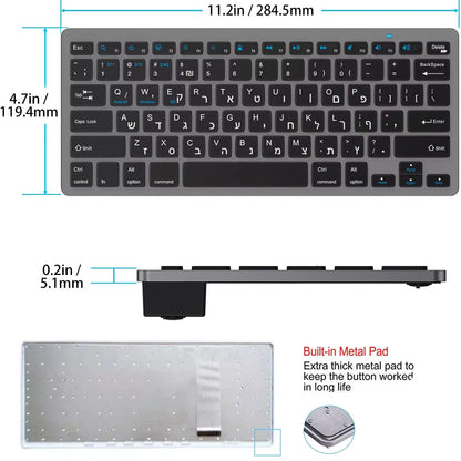 Tastiera wireless con layout ebraico-inglese Bluetooth e 2.4G Dual Mode, sottile, compatta ed ergonomica per Windows, iOS e Android