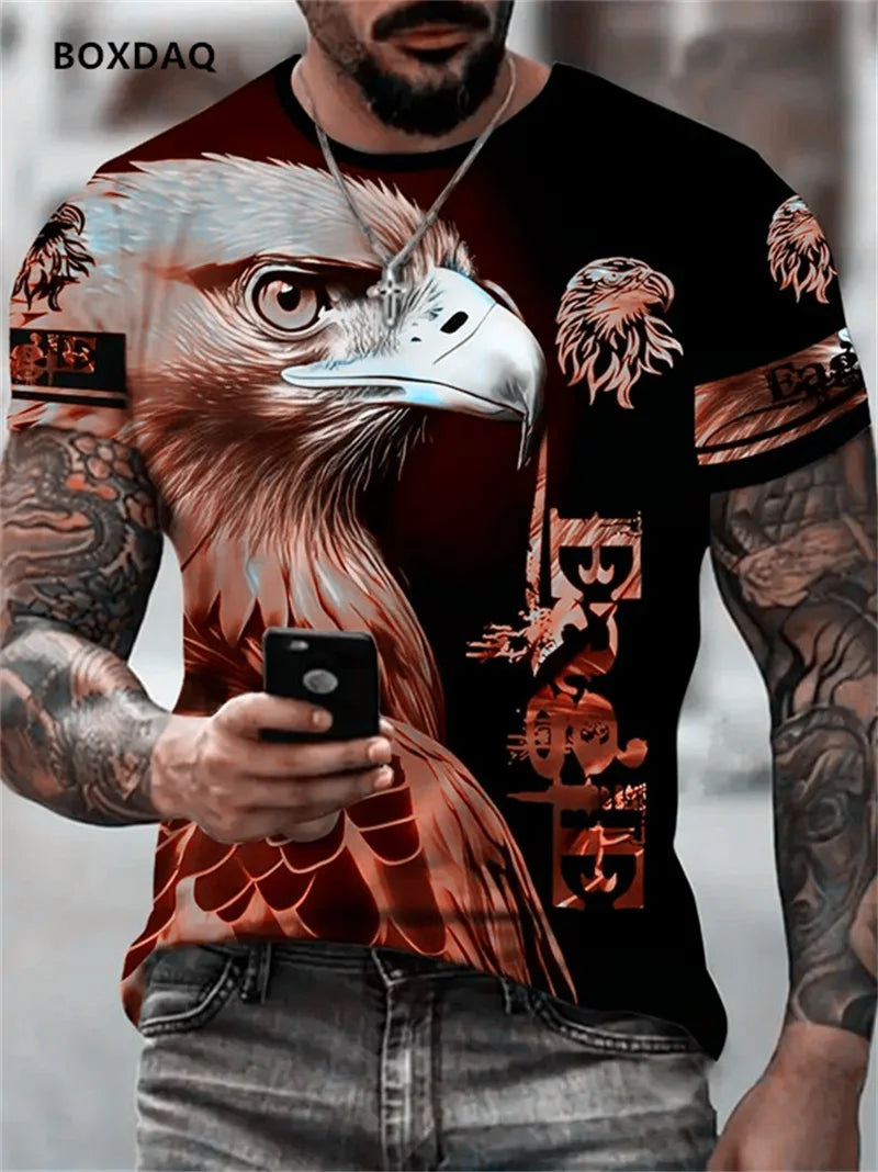 Camisetas para hombre Fashion Eagle, corte holgado, cuello redondo, tops casuales de manga corta con estampado 3D de animal, camiseta streetwear, talla grande 6XL, transpirable