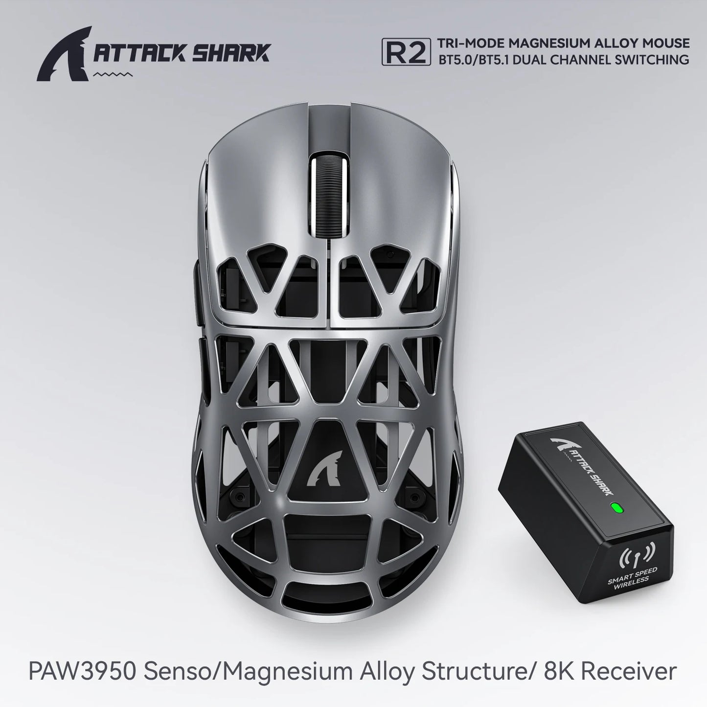 Mouse da gaming wireless Attack Shark R2 PAW3950 8K in lega di magnesio, leggero, Bluetooth tri-mode per gaming/ufficio