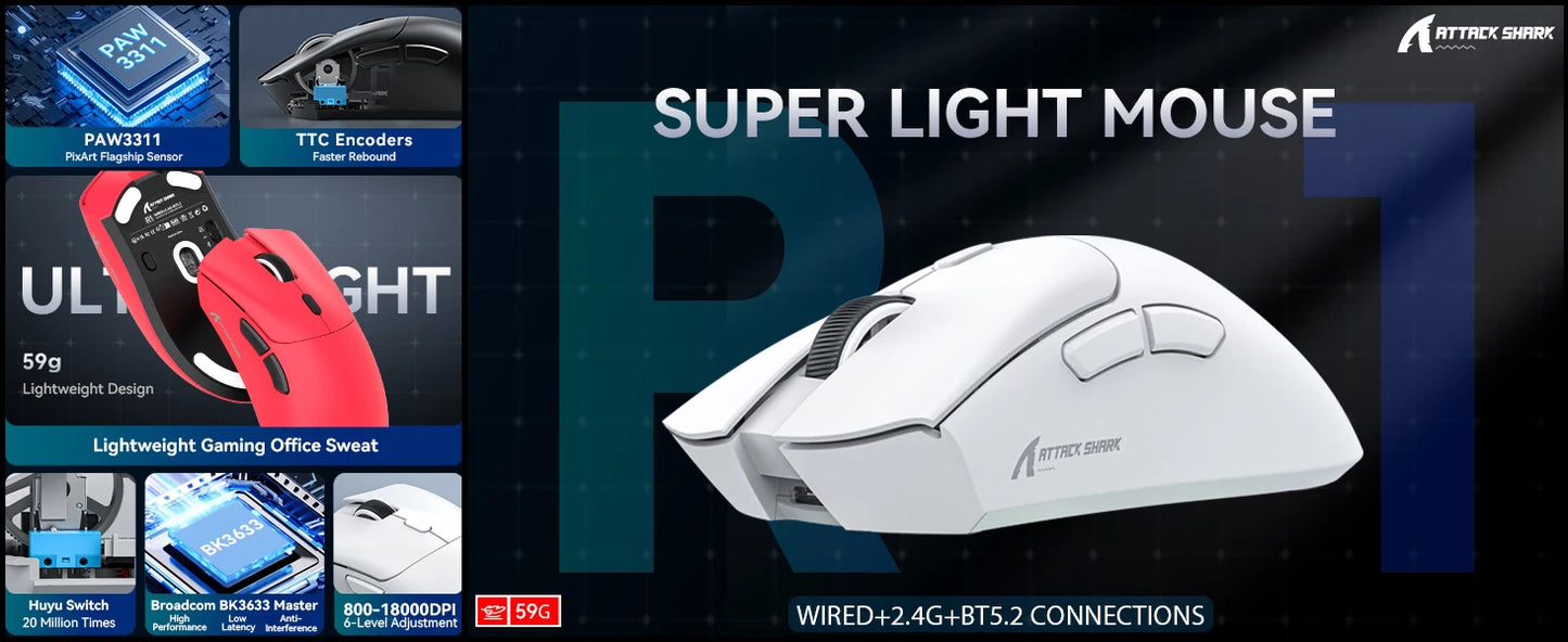 ATTACK SHARK R1 Tri-Mode-Gaming-Maus, PixArt PAW3311 Sensor, 18000 DPI, 1000hz, 59g ultraleicht für große Hände, für PC/Mac
