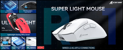 ATTACK SHARK R1 Tri-Mode-Gaming-Maus, PixArt PAW3311 Sensor, 18000 DPI, 1000hz, 59g ultraleicht für große Hände, für PC/Mac