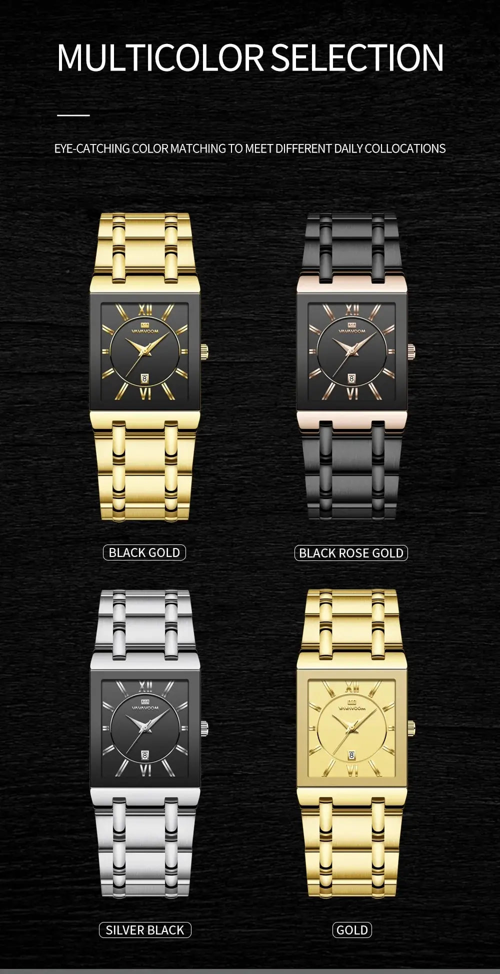 Men Business Watch Simple Design Luxury Fashion Rectangular Black Gold Stainless Steel Calendar Waterproof Quartz Men's Watches