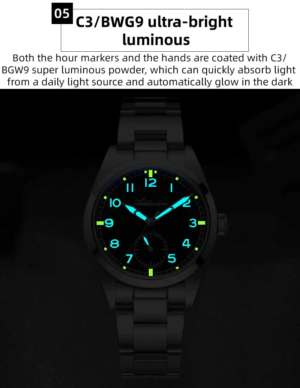 ADDIESDIVE 36mm Herren-Quarzuhr VH60 mit BGW9-Leuchtbeschichtung, Bubble-Mirror-Topfdeckelglas, 10Bar wasserdicht, Edelstahl-Uhr