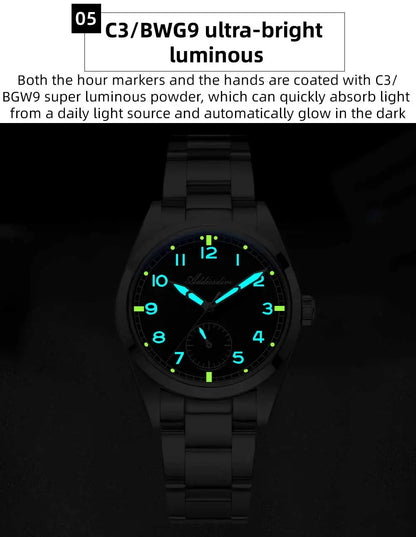 ADDIESDIVE 36mm Herren-Quarzuhr VH60 mit BGW9-Leuchtbeschichtung, Bubble-Mirror-Topfdeckelglas, 10Bar wasserdicht, Edelstahl-Uhr