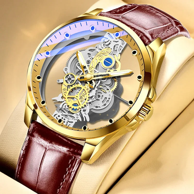 Divatos férfi karóra, kettős nyílású modell, luxus arany színű kivitel, mechanikus tourbillon-utánzat, kvarc szerkezet.