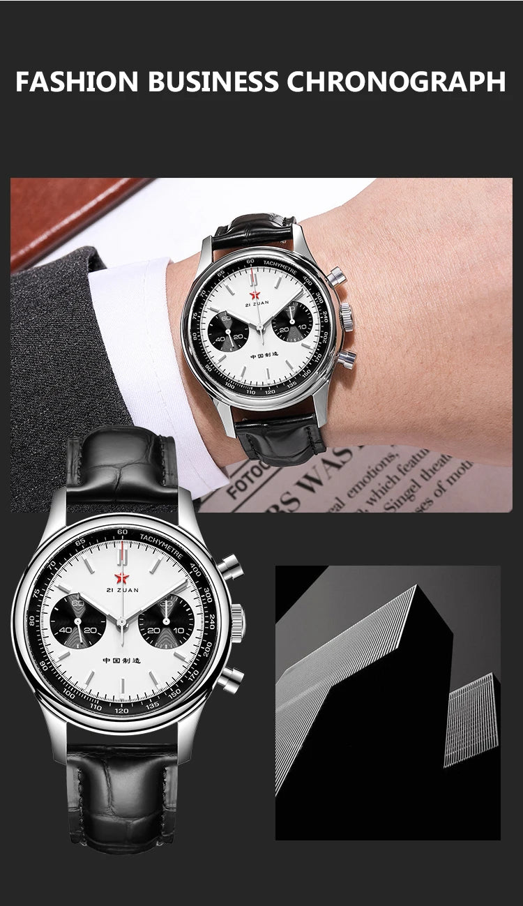 Red Star Panda Men's 1963 Chronograph Mechanical Wristwatch Seagull ST1901 Movement Gooseneck 40mm Luminous Sapphire Pilot Watch