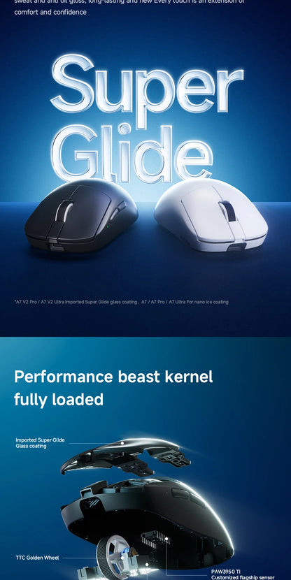 Mouse da gaming wireless leggero MCHOSE A7 V2 Ultra / Pro, Dual 8000Hz, PAW3950 TI, 42000DPI, per PC e gamer e-sport