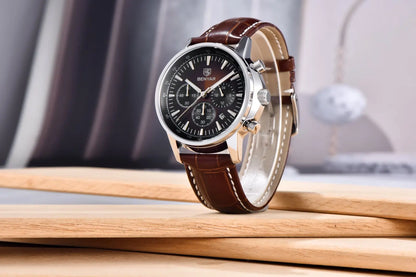 Luxusní pánské hodinky Benyar – chronograf s datem, kožený řemínek, vodotěsné, luminiscenční, sportovní a vojenský styl, quartzové hodinky