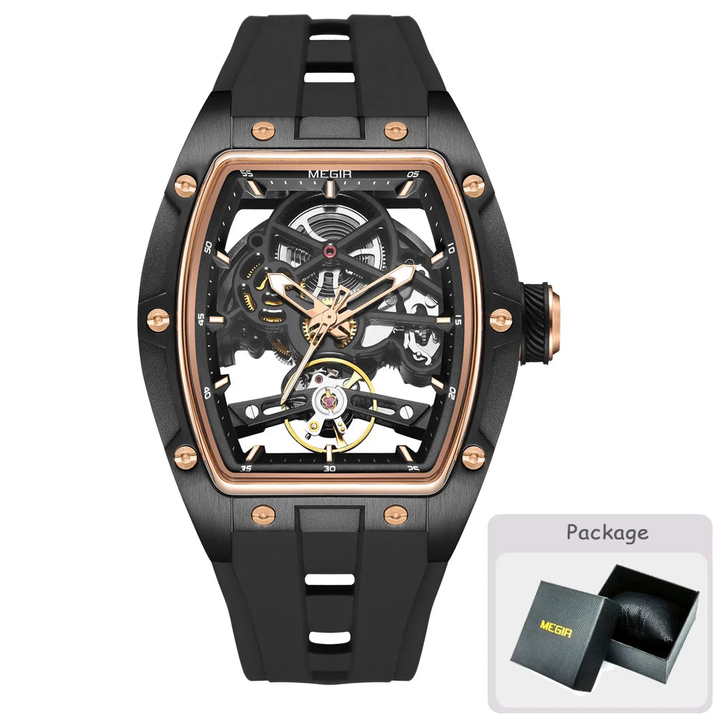 MEGIR men’s mechanical watch, tonneau shape, open-worked skeletonised dial, sporty style, silicone strap, luxury automatic watch