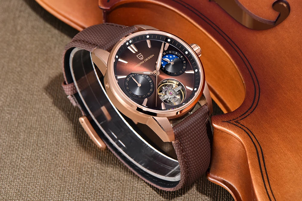PAGANI DESIGN – Luxusné mechanické pánske hodinky, 41 mm, zafírové sklo, kožený remienok, vodotesné, v štýle pilotných hodín, s tourbillonom a fázou mesiaca