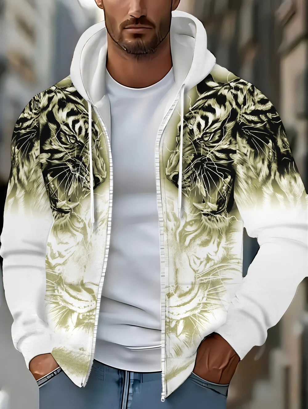 Sweatshirt com capuz e fecho para homem 2025, manga comprida, gráfico de tigre, estilo casual outdoor, com cordão e bolsos