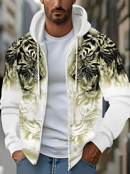 Sweatshirt com capuz e fecho para homem 2025, manga comprida, gráfico de tigre, estilo casual outdoor, com cordão e bolsos